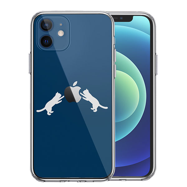 i Phone12mini ケース ハードケース ハイブリッド クリア にゃんこ りんご 取り合い 薄いグレー カバー アイフォン12ミニ アイフォンケース スマホケース 可愛い キュート ペット に
