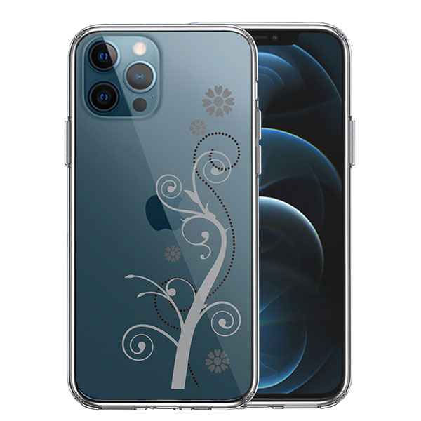 i Phone12 i Phone12Pro ケース ハードケース ハイブリッド クリア フローラル つる模様 グレー カバー アイフォン トゥエルブ トゥエルブプロ アイホンケース スマホケース 可