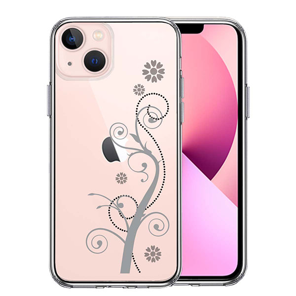 i Phone13 ケース ハードケース ハイブリッド クリア フローラル つる模様 グレー カバー アイフォン スマホケース TPUソフト素材とポリカーボネイトハード素材を使用したハイブリッドケース