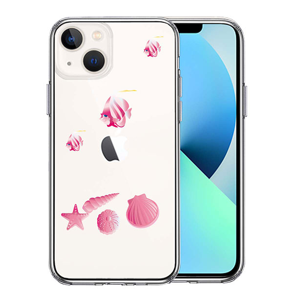 i Phone13 ケース ハードケース ハイブリッド クリア 夏 熱帯魚 と 貝 ピンク カバー アイフォン スマホケース ソフト素材（側面）とハード素材（背面）を使用した最新のハイブリッドケース。