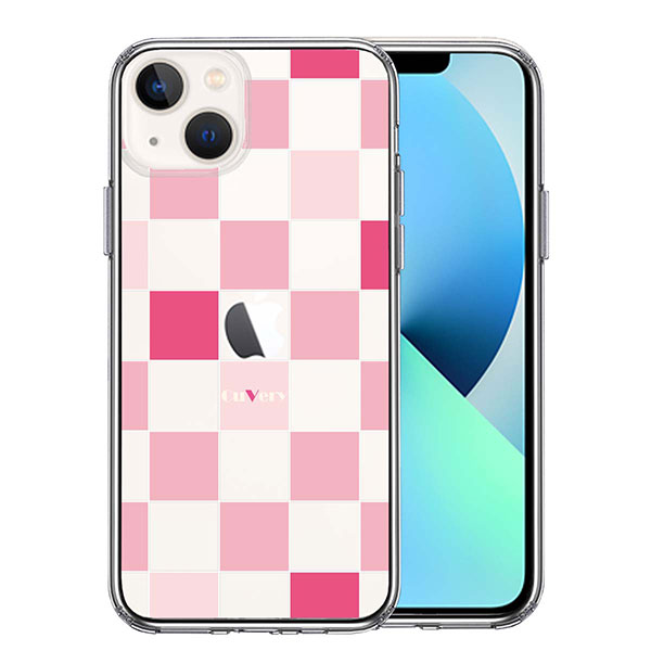 i Phone13 ケース ハードケース ハイブリッド クリア Cu Very ブロック チェック ピンク カバー アイフォン スマホケース ソフト素材（側面）とハード素材（背面）を使用した最新のハイ