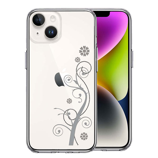 i Phone14 i Phone14Plus ケース ハードケース ハイブリッド クリア フローラル つる模様 グレー カバー アイホン アイフォン スマホケース ソフト素材（側面）とハード素材（背