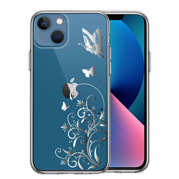 i Phone 13 13Pro 13mini 13Pro Max ケース ハードケース ハイブリッド クリア フローラル ＆ バタフライ (グレー) カバー アイフォン スマホケース ソフト素材（側
